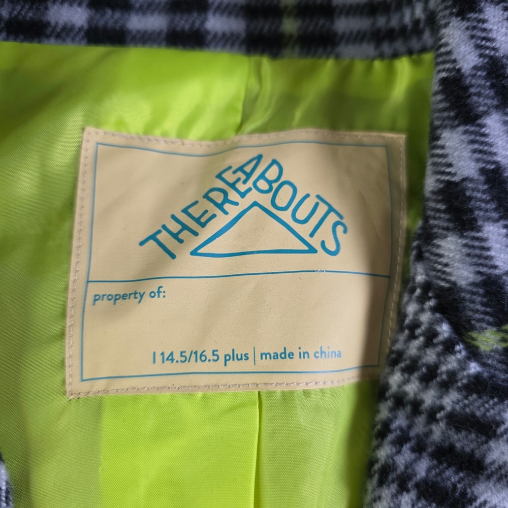 Thereabouts Plaid Overcoat L 14.5/16.5 Plus Neon Trim Viscose Blend Grey Black - Picture 2 of 10
